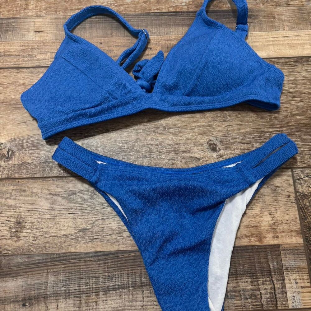 SHEIN Textured Women's Blue Medium High Rise Vacation Beach Royal Bikini Set